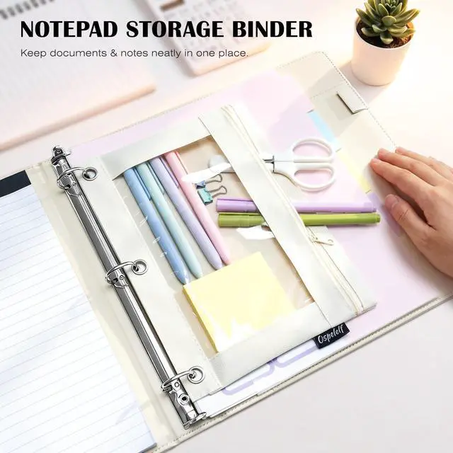 Alt view image 4 of 7 - Leather 3 Ring Binder for Letter Size Documents with Pocketed Dividers, 1 Inch Round Rings, Holds 175 Sheets, Binders with Storage Bag & Notepad, for Office School Home Organization, White