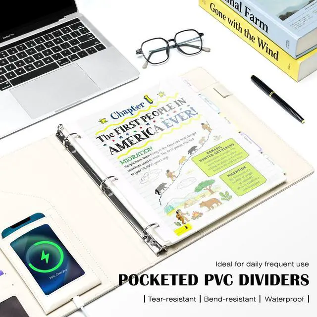 Alt view image 6 of 7 - Leather 3 Ring Binder for Letter Size Documents with Pocketed Dividers, 1 Inch Round Rings, Holds 175 Sheets, Binders with Storage Bag & Notepad, for Office School Home Organization, White