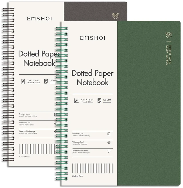 Main image of Dotted Spiral Journal Notebook, 2 Pack, 320 Pages, B5 (7.4" x 10") 100 GSM Thick Paper, Flexible Plastic Cover, for Journaling, Planning, Tracking & Sketching (Brown & Green)