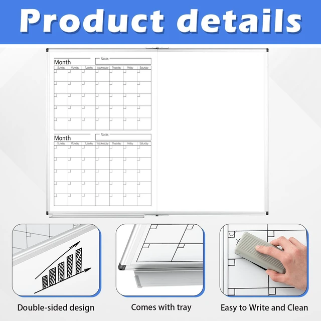 Alt view image 3 of 6 - 36" x 24" Magnetic Vertical 2 Month Dry Erase Calendar for Wall Undated Horizontal Dry Erase Wall Calendar Planner Aluminum Frame Whiteboard for Home Office Projects Fridge
