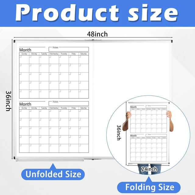 Alt view image 2 of 6 - 36" x 24" Magnetic Vertical 2 Month Dry Erase Calendar for Wall Undated Horizontal Dry Erase Wall Calendar Planner Aluminum Frame Whiteboard for Home Office Projects Fridge