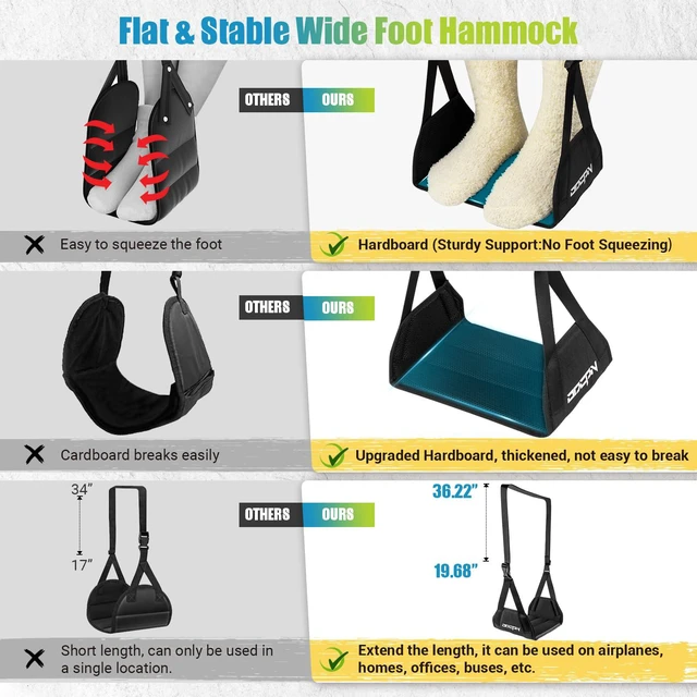 Alt view image 3 of 7 - 2-Pack Foot Hammock Plane Travel, No Collapse Thickened Bamboo Foot Rest Portable Airplane Foot Sling Wing with Thickened Foam & Carry Bag, Long-Flight Travel Essential Designed to Relax Your Feet