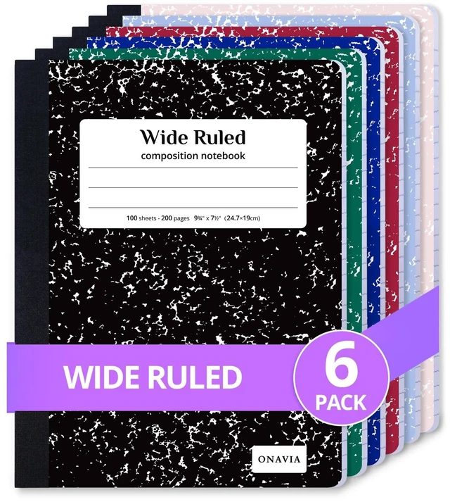 Main image of Composition Notebook Wide Ruled 6 Pack, 200 Pages, Assorted 100 ct, 9.75 x 7.5 in, Wide Ruled Composition Notebook, Durable Comp Book, School Notebooks, Note Taking, Students