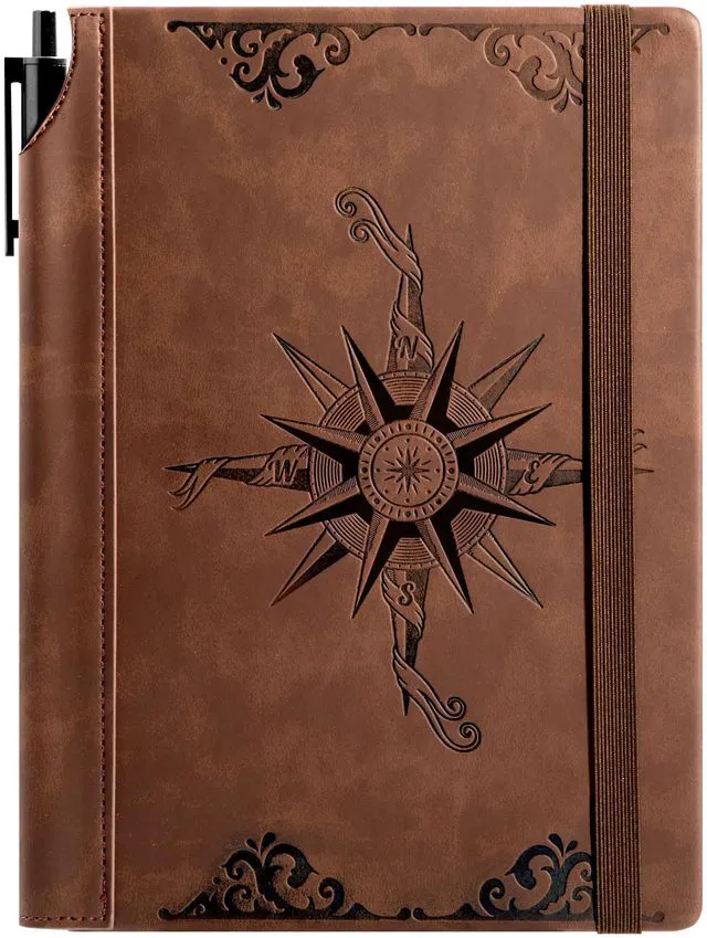 Main image of Compass Leather Journal for Men Women, A5 Lined Notebook Writing Gift 288 Pages 100 GSM Acid-free Paper, Bleed-free, Pen holder, Lay Flat, For Daily Writing, Office, Gifting