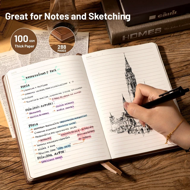 Alt view image 3 of 7 - Compass Leather Journal for Men Women, A5 Lined Notebook Writing Gift 288 Pages 100 GSM Acid-free Paper, Bleed-free, Pen holder, Lay Flat, For Daily Writing, Office, Gifting