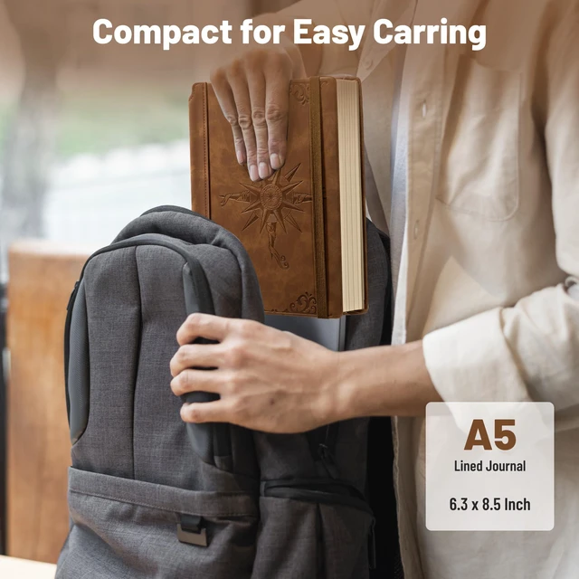 Alt view image 5 of 7 - Compass Leather Journal for Men Women, A5 Lined Notebook Writing Gift 288 Pages 100 GSM Acid-free Paper, Bleed-free, Pen holder, Lay Flat, For Daily Writing, Office, Gifting