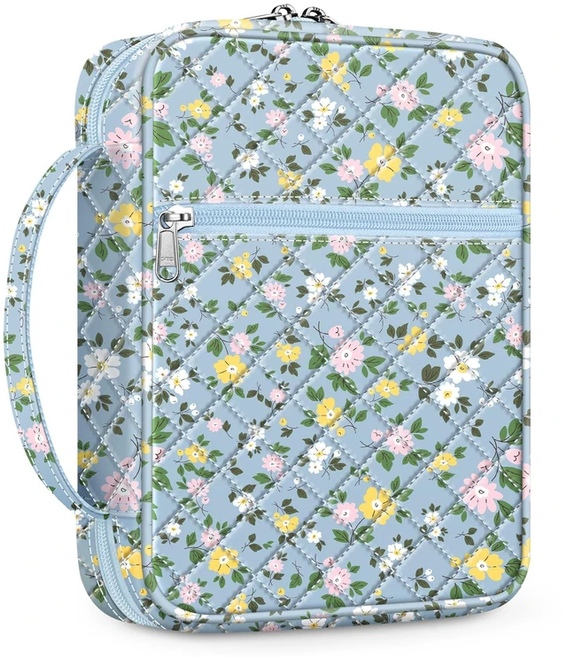 Main image of Bible Cover, Carrying Book Case Bible Bag with Handle Church Protective with Zippered Pocket, Gift for Mother Lady Women Men, Floral Dusty Blue
