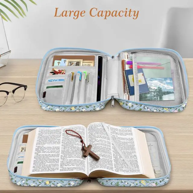Alt view image 4 of 7 - Bible Cover, Carrying Book Case Bible Bag with Handle Church Protective with Zippered Pocket, Gift for Mother Lady Women Men, Floral Dusty Blue