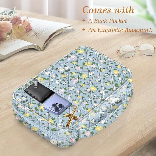 Alt view image 5 of 7 - Bible Cover, Carrying Book Case Bible Bag with Handle Church Protective with Zippered Pocket, Gift for Mother Lady Women Men, Floral Dusty Blue