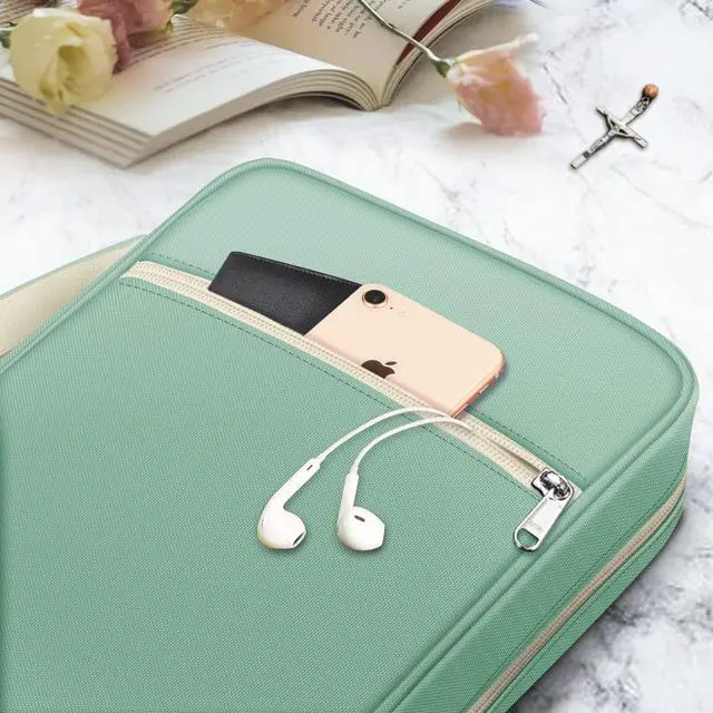 Alt view image 5 of 7 - Bible Cover, Carrying Book Case Bible Bag with Handle Church Protective with Zippered Pocket, Gift for Mother Lady Women Men, Light Green