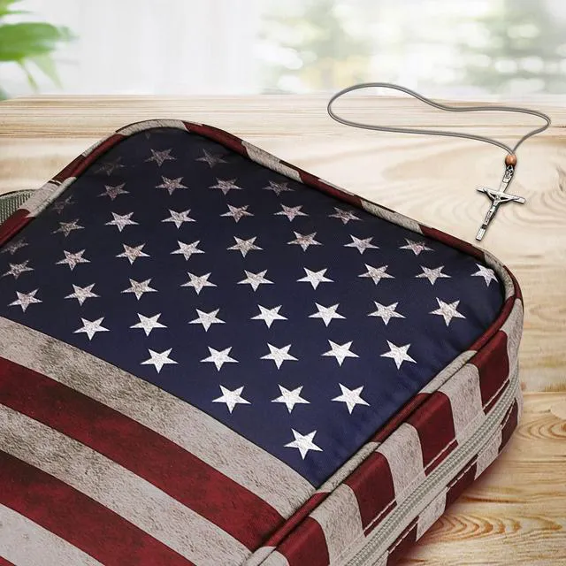 Alt view image 7 of 7 - Bible Cover, Carrying Book Case Bible Bag with Handle Church Protective with Zippered Pocket, Gift for Mother Lady Women Men, US Flag