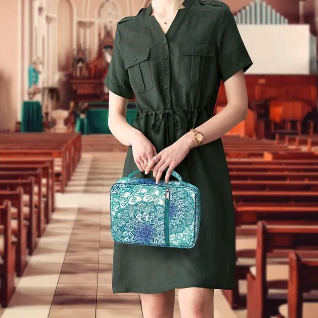 Alt view image 3 of 7 - Bible Cover, Carrying Book Case Bible Bag with Handle Church Protective with Zippered Pocket, Gift for Mother Lady Women Men, Emerald Illusions
