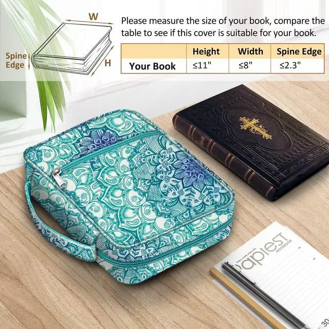 Alt view image 2 of 7 - Bible Cover, Carrying Book Case Bible Bag with Handle Church Protective with Zippered Pocket, Gift for Mother Lady Women Men, Emerald Illusions