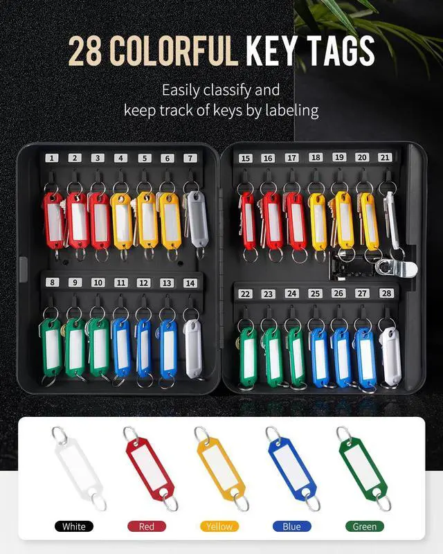 Alt view image 5 of 7 - 28-Key Steel Key Cabinet, Black Key Box with Combination Lock Resettable Digital Security Storage Box, Wall-Mounted Key Organizer with Colorful Key Tag Labels for Schools and Companies