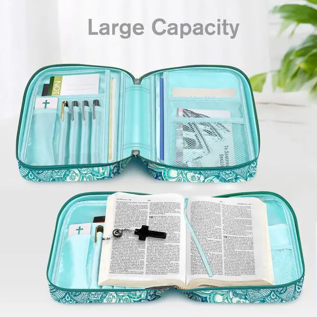 Alt view image 5 of 7 - Bible Cover, Carrying Book Case Bible Bag with Handle Church Protective with Zippered Pocket, Gift for Mother Lady Women Men, Emerald Illusions