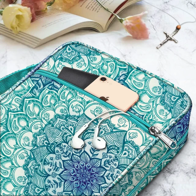 Alt view image 7 of 7 - Bible Cover, Carrying Book Case Bible Bag with Handle Church Protective with Zippered Pocket, Gift for Mother Lady Women Men, Emerald Illusions