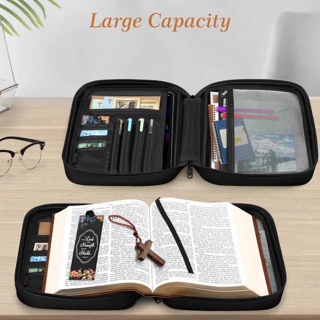 Alt view image 2 of 7 - Bible Cover, Carrying Book Case Bible Bag with Handle Church Protective with Zippered Pocket, Gift for Mother Lady Women Men, Floral Black
