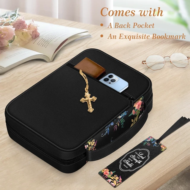 Alt view image 3 of 7 - Bible Cover, Carrying Book Case Bible Bag with Handle Church Protective with Zippered Pocket, Gift for Mother Lady Women Men, Floral Black