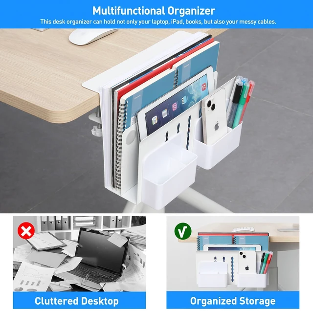 Alt view image 3 of 7 - Desk Side Storage, Under Desk Laptop Mount, Table Side Hanging File Organizer, No Drill Clamp On Cable Management Tray, Laptop Holder with Magnetic Pen Holder for Office and Home, Load 22 Lbs