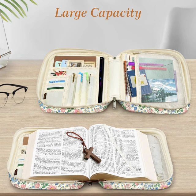 Alt view image 4 of 7 - Bible Cover, Carrying Book Case Bible Bag with Handle Church Protective with Zippered Pocket, Gift for Mother Lady Women Men, Floral Beige