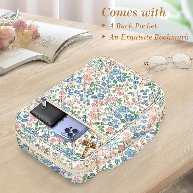 Alt view image 5 of 7 - Bible Cover, Carrying Book Case Bible Bag with Handle Church Protective with Zippered Pocket, Gift for Mother Lady Women Men, Floral Beige