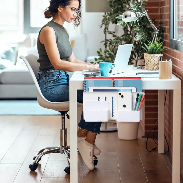 Alt view image 7 of 7 - Desk Side Storage, Under Desk Laptop Mount, Table Side Hanging File Organizer, No Drill Clamp On Cable Management Tray, Laptop Holder with Magnetic Pen Holder for Office and Home, Load 22 Lbs