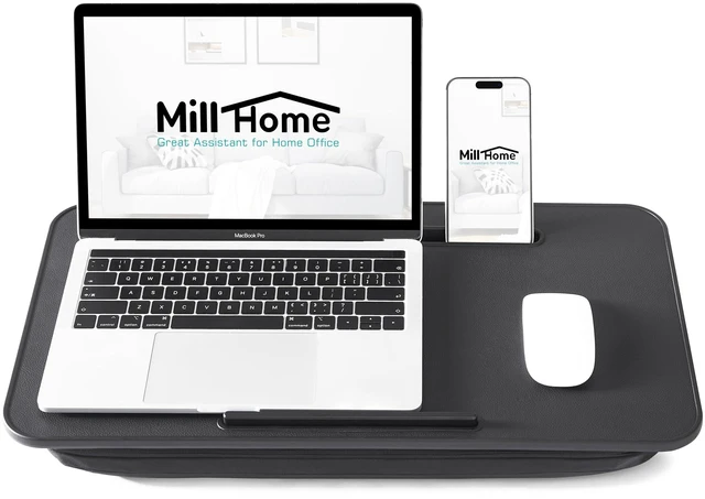 Alt view image 2 of 7 - Lap Desk with Cushion, Fits up to 17 inch Laptop, Pillow Designed, Portable Laptop Stand with Tray, Pad & Phone Holder, Home Office for Bed/Couch/Car/Reading/Writing, (Black)