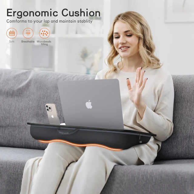 Alt view image 4 of 7 - Lap Desk with Cushion, Fits up to 17 inch Laptop, Pillow Designed, Portable Laptop Stand with Tray, Pad & Phone Holder, Home Office for Bed/Couch/Car/Reading/Writing, (Black)