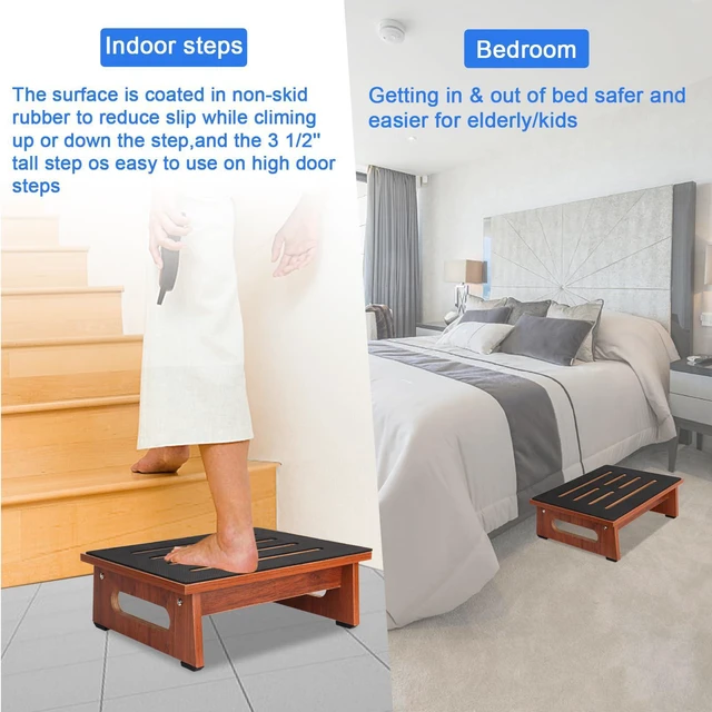 Alt view image 7 of 7 - One Step Stool for Adults Seniors with Non-Slip Rubber Stepping Feet, Heavy Duty Wooden Step Stools for Bathroom, Bedroom, Kitchen & Bedside Support (Rustic Brown, 5.5 Inch-Noctilucent)