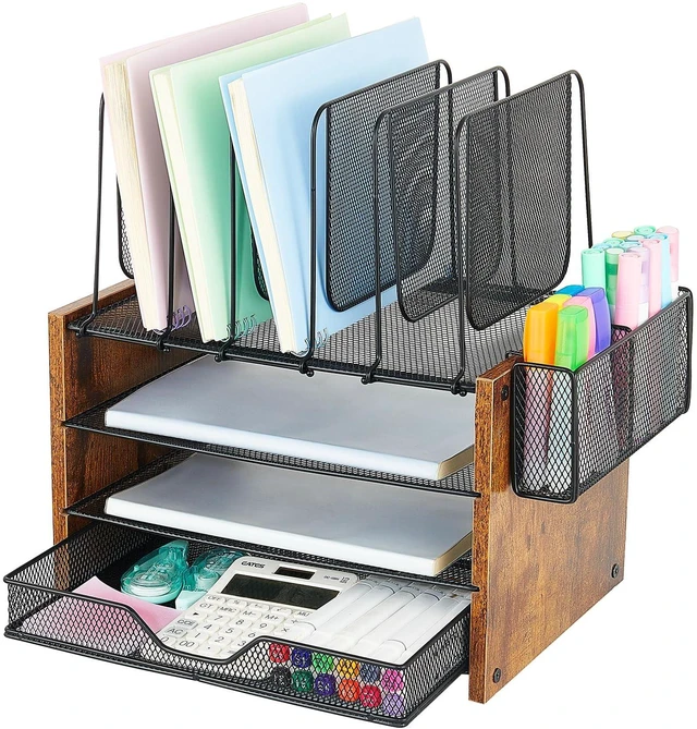 Main image of Desk Organizer, 4-Tier Desktop File Organizer with Drawer and Pen Holders, Office Desk Accessories, File Sorters, Workspace Organizers for Office Supplies(Brown)