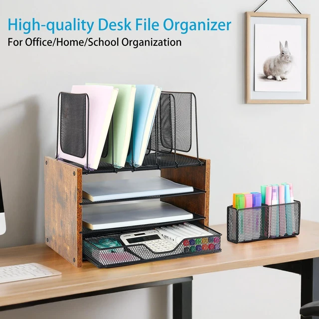 Alt view image 2 of 7 - Desk Organizer, 4-Tier Desktop File Organizer with Drawer and Pen Holders, Office Desk Accessories, File Sorters, Workspace Organizers for Office Supplies(Brown)
