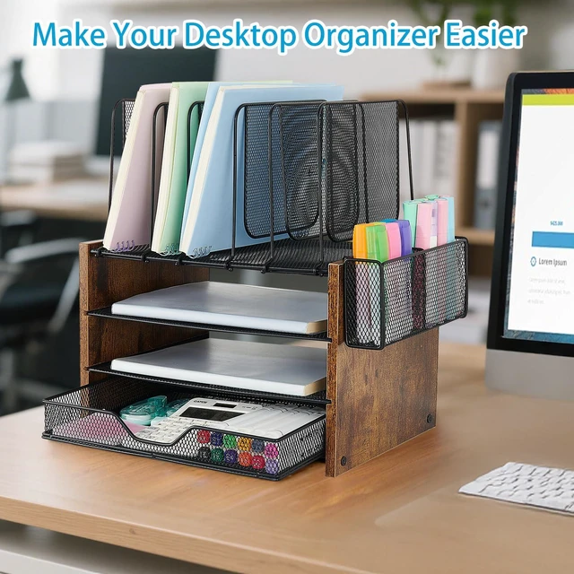 Alt view image 3 of 7 - Desk Organizer, 4-Tier Desktop File Organizer with Drawer and Pen Holders, Office Desk Accessories, File Sorters, Workspace Organizers for Office Supplies(Brown)