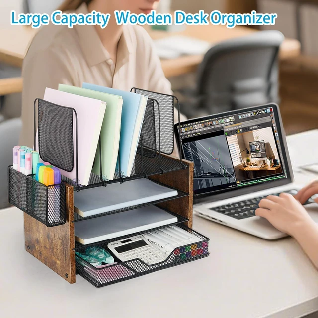 Alt view image 4 of 7 - Desk Organizer, 4-Tier Desktop File Organizer with Drawer and Pen Holders, Office Desk Accessories, File Sorters, Workspace Organizers for Office Supplies(Brown)