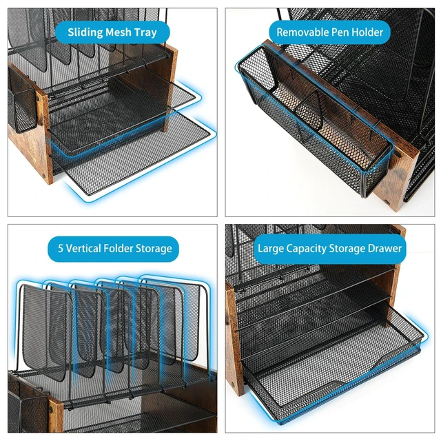 Alt view image 6 of 7 - Desk Organizer, 4-Tier Desktop File Organizer with Drawer and Pen Holders, Office Desk Accessories, File Sorters, Workspace Organizers for Office Supplies(Brown)