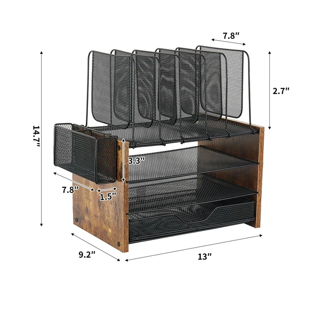 Alt view image 7 of 7 - Desk Organizer, 4-Tier Desktop File Organizer with Drawer and Pen Holders, Office Desk Accessories, File Sorters, Workspace Organizers for Office Supplies(Brown)