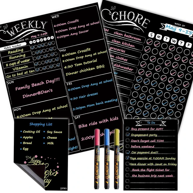 Main image of Magnetic Chalkboard Weekly Planner - Reward Chore Chart Blackboard Combo Set with Neon Bright Liquid Chalk Markers - Bonus Grocery List and Notepad Blackboard for Refrigerator Included