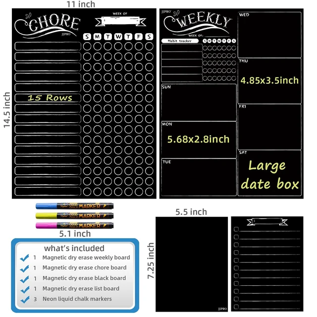 Alt view image 2 of 7 - Magnetic Chalkboard Weekly Planner - Reward Chore Chart Blackboard Combo Set with Neon Bright Liquid Chalk Markers - Bonus Grocery List and Notepad Blackboard for Refrigerator Included