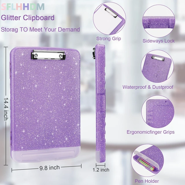 Alt view image 2 of 7 - Glitter Clipboard with Storage,Storage Clipboard with Pen Holder,A4 Binder Clip Boards 8.5x11 with Low Profile Clip,Side Opening Sparkle Clipboards, Clipboards Folder for Office Supplies-Pale Purple