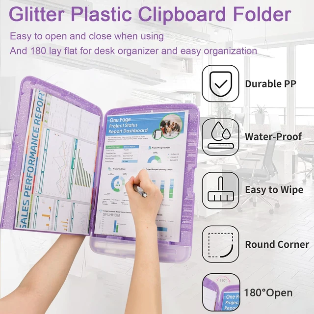 Alt view image 5 of 7 - Glitter Clipboard with Storage,Storage Clipboard with Pen Holder,A4 Binder Clip Boards 8.5x11 with Low Profile Clip,Side Opening Sparkle Clipboards, Clipboards Folder for Office Supplies-Pale Purple