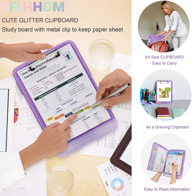 Alt view image 7 of 7 - Glitter Clipboard with Storage,Storage Clipboard with Pen Holder,A4 Binder Clip Boards 8.5x11 with Low Profile Clip,Side Opening Sparkle Clipboards, Clipboards Folder for Office Supplies-Pale Purple