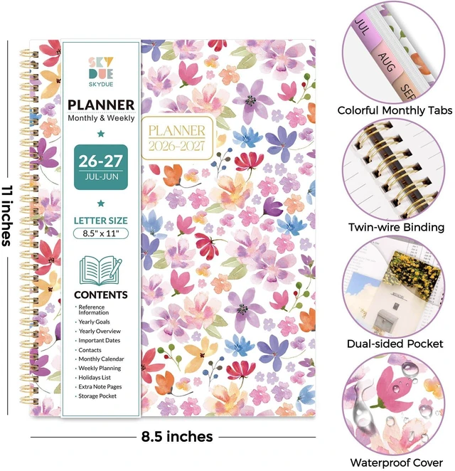 Alt view image 2 of 7 - 2026-2027 Monthly and Weekly Academic Planner, July 2026-June 2027, 8.5"x11", Agenda Calendar with Colorful Tabs and Storage Pocket, Ideal for School Office Supplies