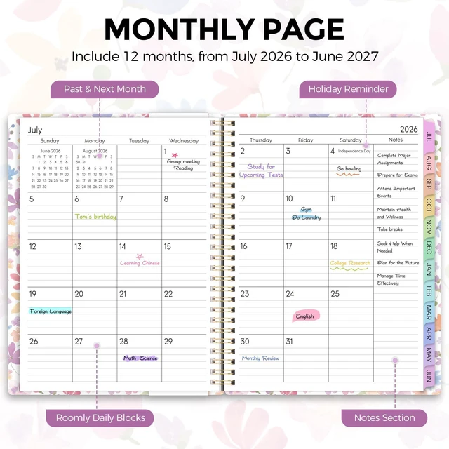 Alt view image 3 of 7 - 2026-2027 Monthly and Weekly Academic Planner, July 2026-June 2027, 8.5"x11", Agenda Calendar with Colorful Tabs and Storage Pocket, Ideal for School Office Supplies