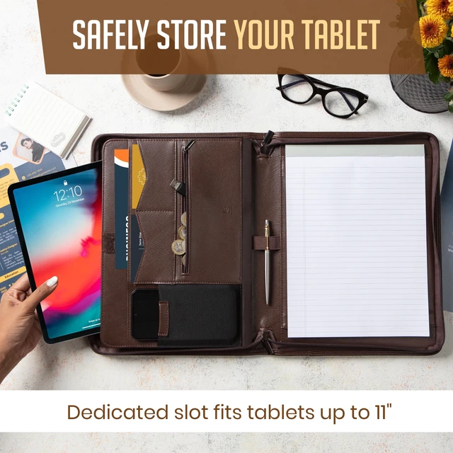 Alt view image 3 of 7 - Zipper Padfolio Portfolio Binder Organizer (Walnut Color) | Faux Leather Portfolio for Resume, Documents, Phone, Tablet, Business Supplies and Cards | Letter Sized Notepad Included | Brown