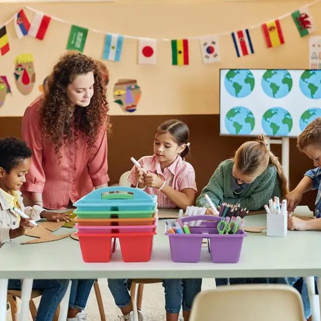 Alt view image 6 of 7 - 6 Pack 4 Compartment Classroom Caddy with Handle, Rainbow Assorted Colors, Portable Carry Handle, Versatile Table Caddies for Classroom Organization and Office Supply Storage