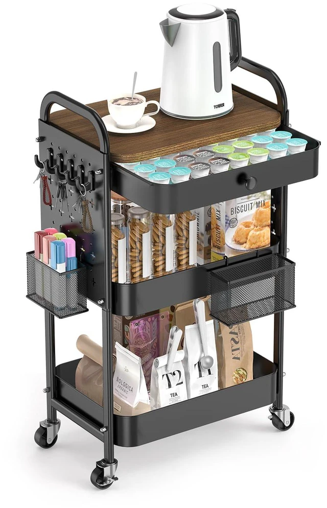Main image of 3 Tier Metal Rolling Cart with Drawer,Wood Top,Pegboards,Black Storage Utility Cart with Drawers,Pegboards,Lockable Wheels,Baskets,Hooks for Kitchen,Office,Bedroom,DIY Supplies