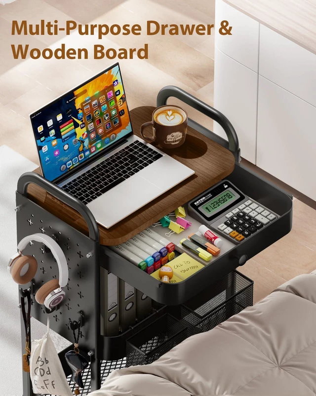 Alt view image 2 of 7 - 3 Tier Metal Rolling Cart with Drawer,Wood Top,Pegboards,Black Storage Utility Cart with Drawers,Pegboards,Lockable Wheels,Baskets,Hooks for Kitchen,Office,Bedroom,DIY Supplies