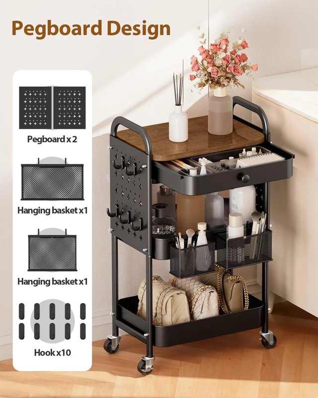 Alt view image 3 of 7 - 3 Tier Metal Rolling Cart with Drawer,Wood Top,Pegboards,Black Storage Utility Cart with Drawers,Pegboards,Lockable Wheels,Baskets,Hooks for Kitchen,Office,Bedroom,DIY Supplies