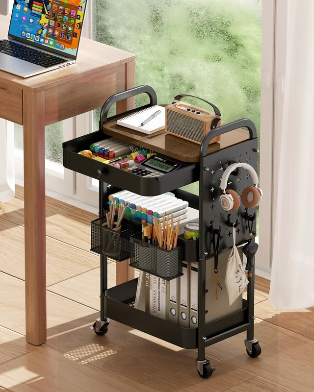 Alt view image 4 of 7 - 3 Tier Metal Rolling Cart with Drawer,Wood Top,Pegboards,Black Storage Utility Cart with Drawers,Pegboards,Lockable Wheels,Baskets,Hooks for Kitchen,Office,Bedroom,DIY Supplies