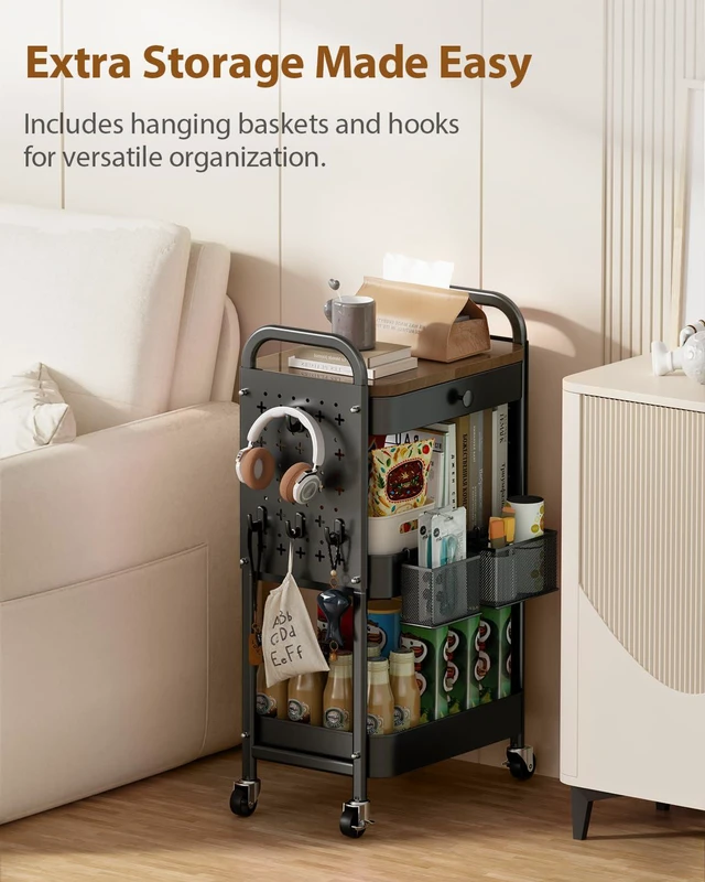 Alt view image 5 of 7 - 3 Tier Metal Rolling Cart with Drawer,Wood Top,Pegboards,Black Storage Utility Cart with Drawers,Pegboards,Lockable Wheels,Baskets,Hooks for Kitchen,Office,Bedroom,DIY Supplies