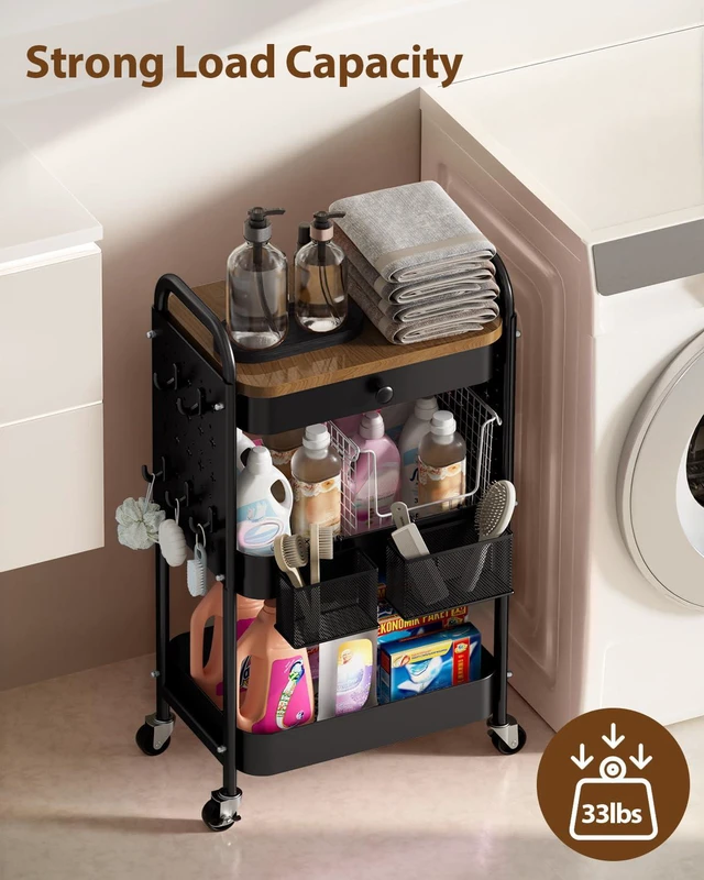 Alt view image 6 of 7 - 3 Tier Metal Rolling Cart with Drawer,Wood Top,Pegboards,Black Storage Utility Cart with Drawers,Pegboards,Lockable Wheels,Baskets,Hooks for Kitchen,Office,Bedroom,DIY Supplies